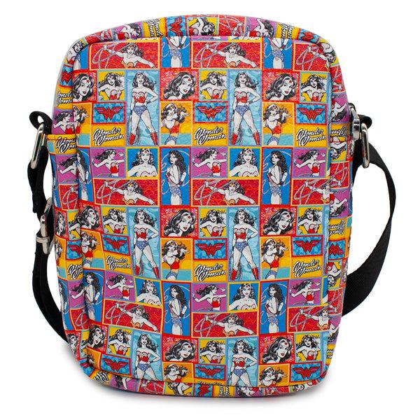 Buckle-Down Women's Crossbody Wallet - Wonder Woman Poses Script And Logo Blocks Multi Color