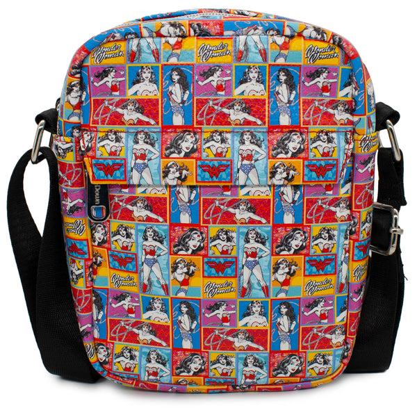 Buckle-Down Women's Crossbody Wallet - Wonder Woman Poses Script and Logo Blocks Multi Color