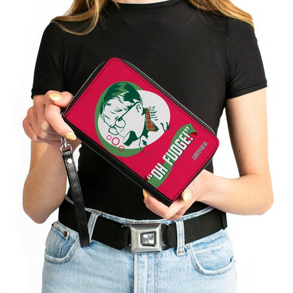 Buckle-Down Women's PU Zip Around Wallet Rectangle - A Christmas Story Ralphie OH FUDGE Soap Pose Red Greens White