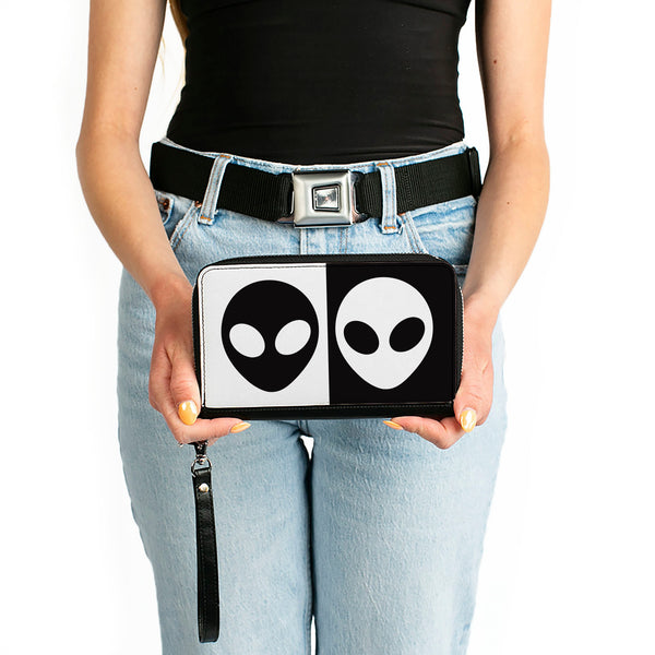 Buckle-Down Women's PU Zip Around Wallet Rectangle - Alien Head Blocks Black White