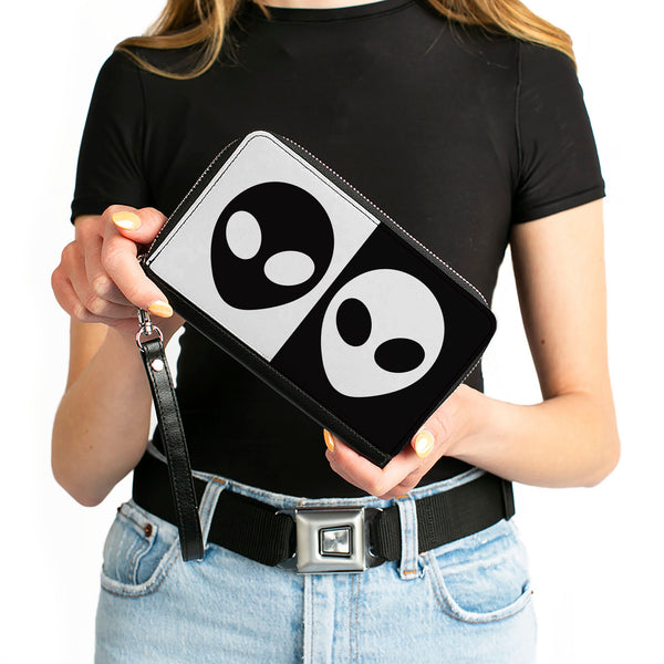 Buckle-Down Women's PU Zip Around Wallet Rectangle - Alien Head Blocks Black White