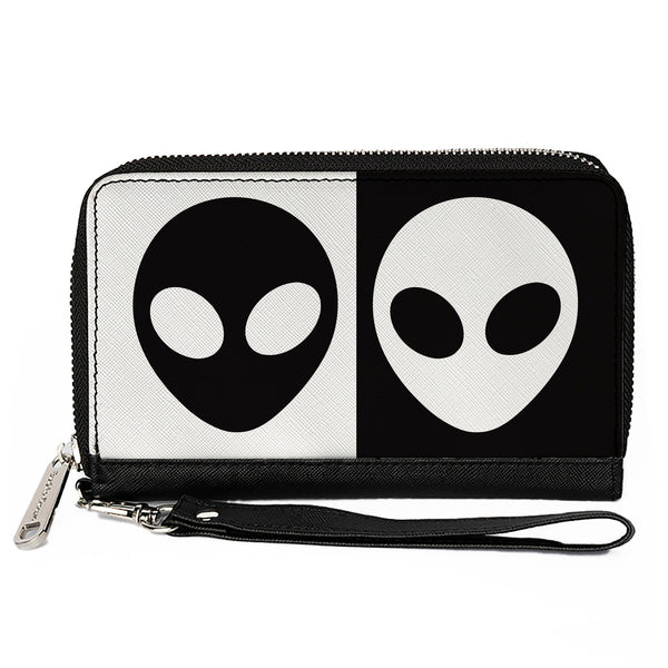 Buckle-Down Women's PU Zip Around Wallet Rectangle - Alien Head Blocks Black White