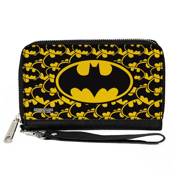 Buckle-Down Women's PU Zip Around Wallet Rectangle - Bat Signal Centered Stacked Yellow Black