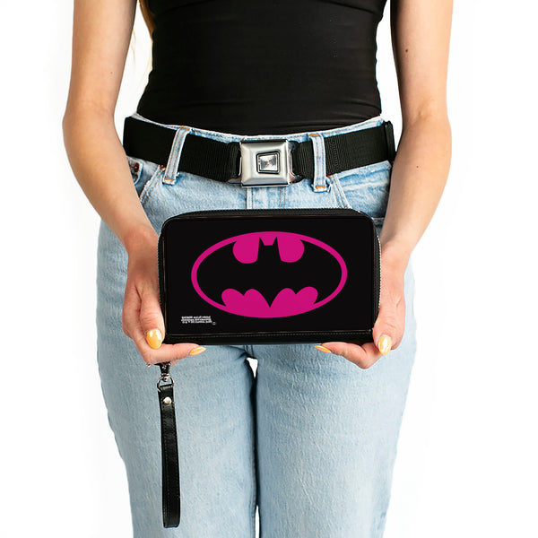 Buckle-Down Women's PU Zip Around Wallet Rectangle - Batman Bat Logo Black Fuchsia
