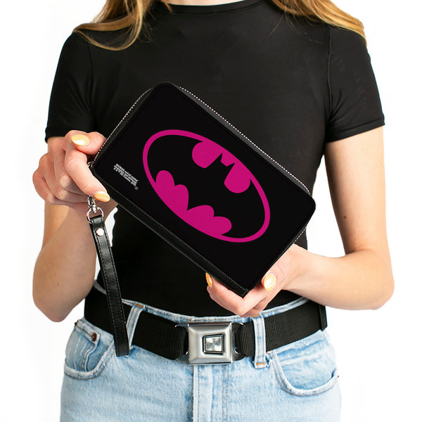 Buckle-Down Women's PU Zip Around Wallet Rectangle - Batman Bat Logo Black Fuchsia