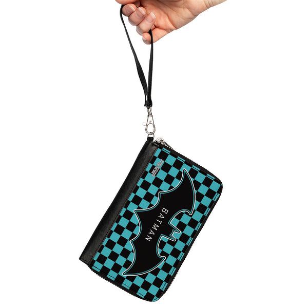Buckle-Down Women's PU Zip Around Wallet Rectangle - BATMAN Bat Logo Close-Up Checker Teal Black
