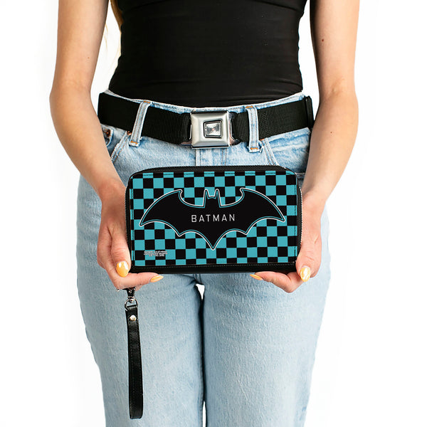 Buckle-Down Women's PU Zip Around Wallet Rectangle - BATMAN Bat Logo Close-Up Checker Teal Black