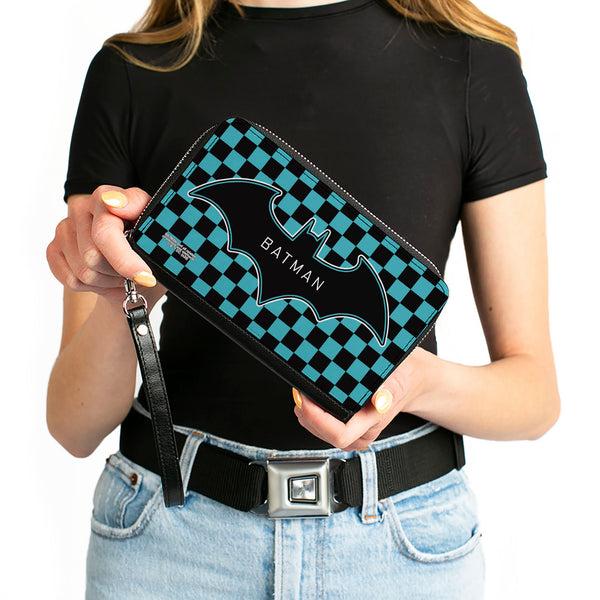 Buckle-Down Women's PU Zip Around Wallet Rectangle - BATMAN Bat Logo Close-Up Checker Teal Black