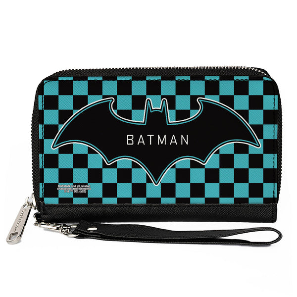Buckle-Down Women's PU Zip Around Wallet Rectangle - BATMAN Bat Logo Close-Up Checker Teal Black