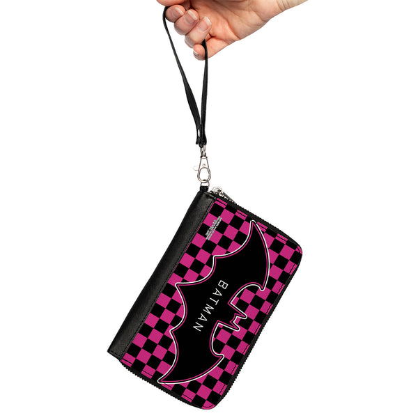 Buckle-Down Women's PU Zip Around Wallet Rectangle - BATMAN Bat Logo Close-Up Checker Fuchsia Black