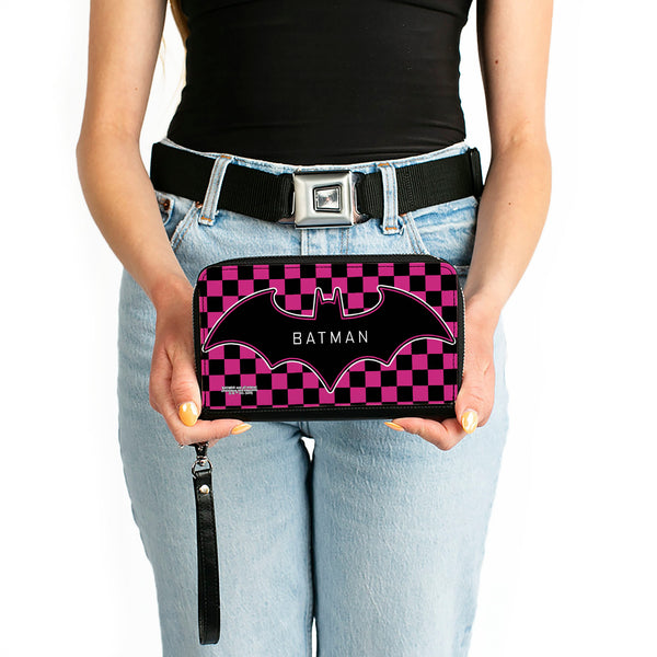 Buckle-Down Women's PU Zip Around Wallet Rectangle - BATMAN Bat Logo Close-Up Checker Fuchsia Black