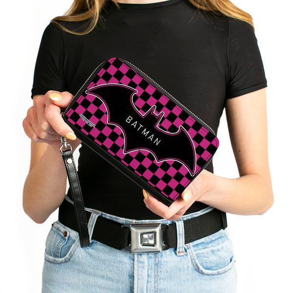 Buckle-Down Women's PU Zip Around Wallet Rectangle - BATMAN Bat Logo Close-Up Checker Fuchsia Black