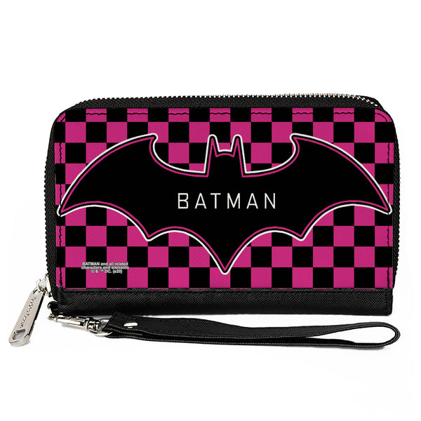 Buckle-Down Women's PU Zip Around Wallet Rectangle - BATMAN Bat Logo Close-Up Checker Fuchsia Black