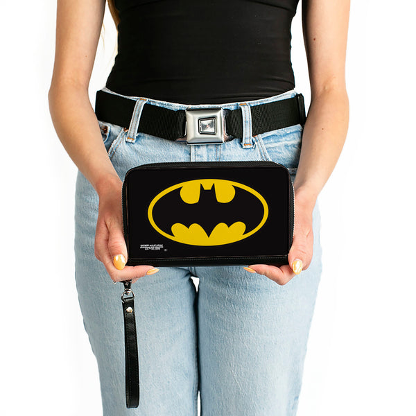 Buckle-Down Women's PU Zip Around Wallet Rectangle - Batman Bat Logo Black Yellow