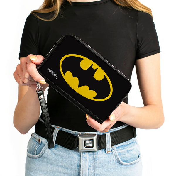 Buckle-Down Women's PU Zip Around Wallet Rectangle - Batman Bat Logo Black Yellow