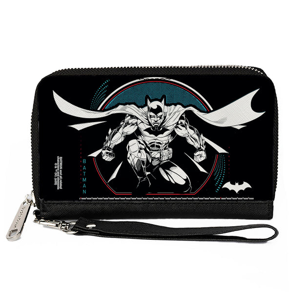 Buckle-Down Women's PU Zip Around Wallet Rectangle - Batman Crouching Tech Action Pose Black White Blue Red