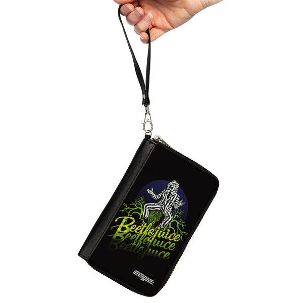 Buckle-Down Women's PU Zip Around Wallet Rectangle - BEETLEJUICE Sitting On Tombstone Pose Trees Black Purple Green Yellow
