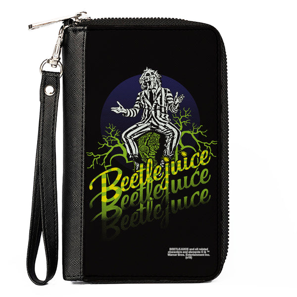 Buckle-Down Women's PU Zip Around Wallet Rectangle - BEETLEJUICE Sitting on Tombstone Pose Trees Black Purple Green Yellow