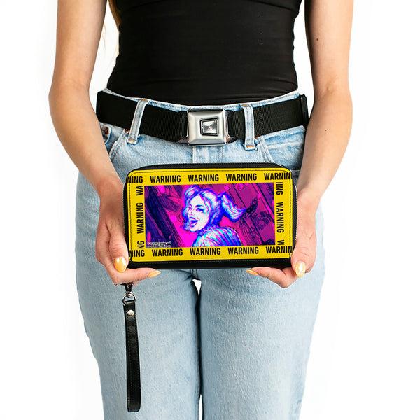 Buckle-Down Women's PU Zip Around Wallet Rectangle - Birds Of Prey Harley Quinn WARNING Smiling Pose Yellow Black
