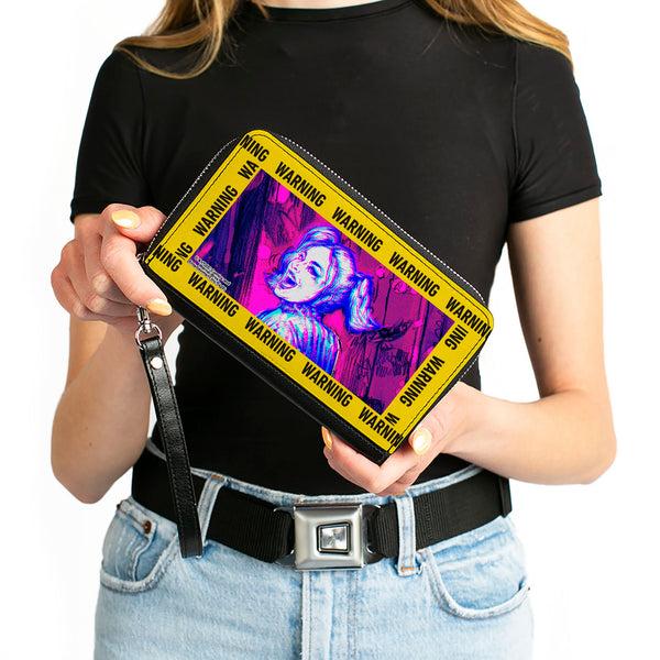 Buckle-Down Women's PU Zip Around Wallet Rectangle - Birds Of Prey Harley Quinn WARNING Smiling Pose Yellow Black