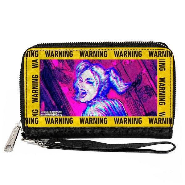 Buckle-Down Women's PU Zip Around Wallet Rectangle - Birds of Prey Harley Quinn WARNING Smiling Pose Yellow Black