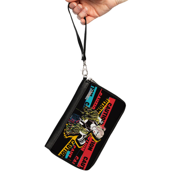 Buckle-Down Women's PU Zip Around Wallet Rectangle - Birds Of Prey Harley Quinn CAUTION Hammer Pose Black Red Yellow Blue