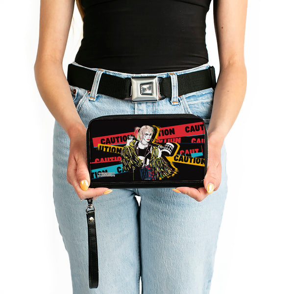 Buckle-Down Women's PU Zip Around Wallet Rectangle - Birds Of Prey Harley Quinn CAUTION Hammer Pose Black Red Yellow Blue