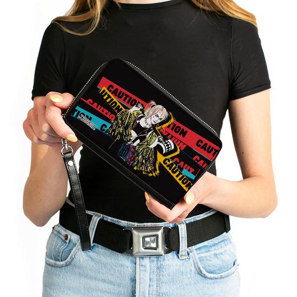 Buckle-Down Women's PU Zip Around Wallet Rectangle - Birds Of Prey Harley Quinn CAUTION Hammer Pose Black Red Yellow Blue