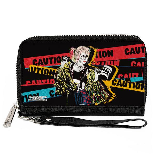 Buckle-Down Women's PU Zip Around Wallet Rectangle - Birds of Prey Harley Quinn CAUTION Hammer Pose Black Red Yellow Blue