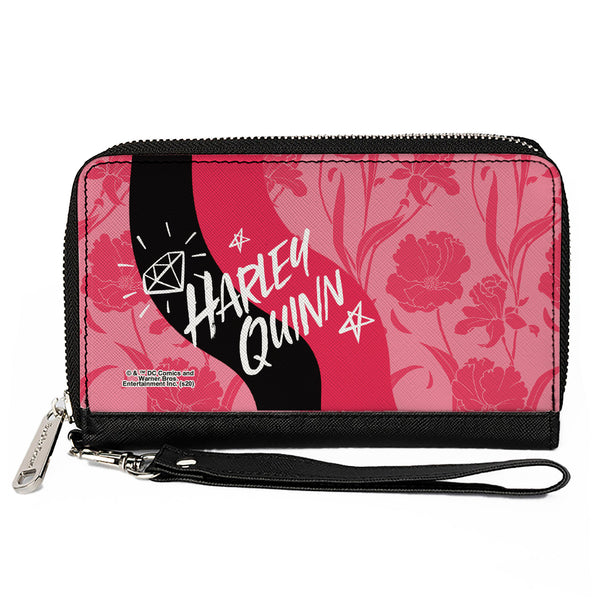 Buckle-Down Women's PU Zip Around Wallet Rectangle - Birds of Prey HARLEY QUINN Text Diamond Stars Flowers Pinks Black White