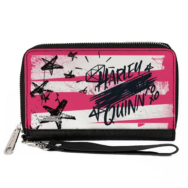 Buckle-Down Women's PU Zip Around Wallet Rectangle - Birds of Prey HARLEY QUINN Text Diamond Stars Pinks White Black