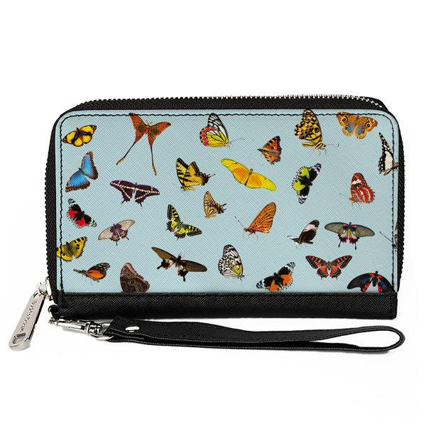 Buckle-Down Women's PU Zip Around Wallet Rectangle - Butterflies Scattered Baby Blue