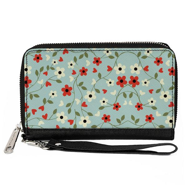 Buckle-Down Women's PU Zip Around Wallet Rectangle - Ditsy Floral Chain Baby Blue Red White Green
