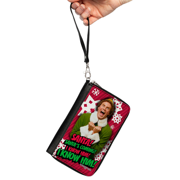 Buckle-Down Women's PU Zip Around Wallet Rectangle - Elf Buddy The Elf SANTA I KNOW HIM Pose Snowflakes Red White