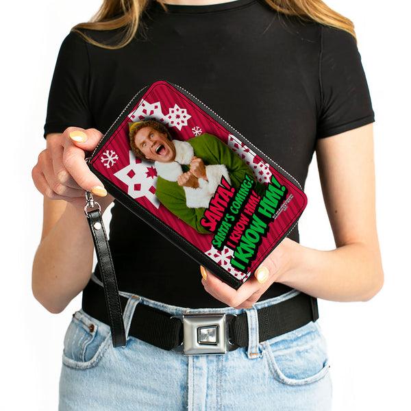 Buckle-Down Women's PU Zip Around Wallet Rectangle - Elf Buddy The Elf SANTA I KNOW HIM Pose Snowflakes Red White