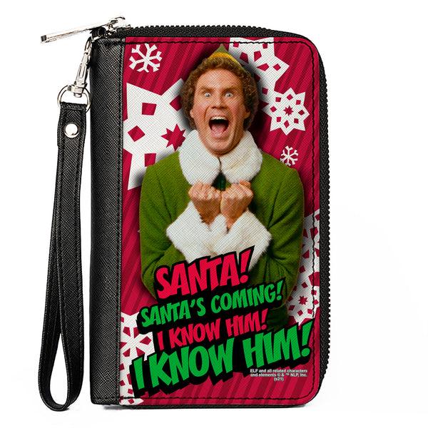 Buckle-Down Women's PU Zip Around Wallet Rectangle - Elf Buddy the Elf SANTA I KNOW HIM Pose Snowflakes Red White