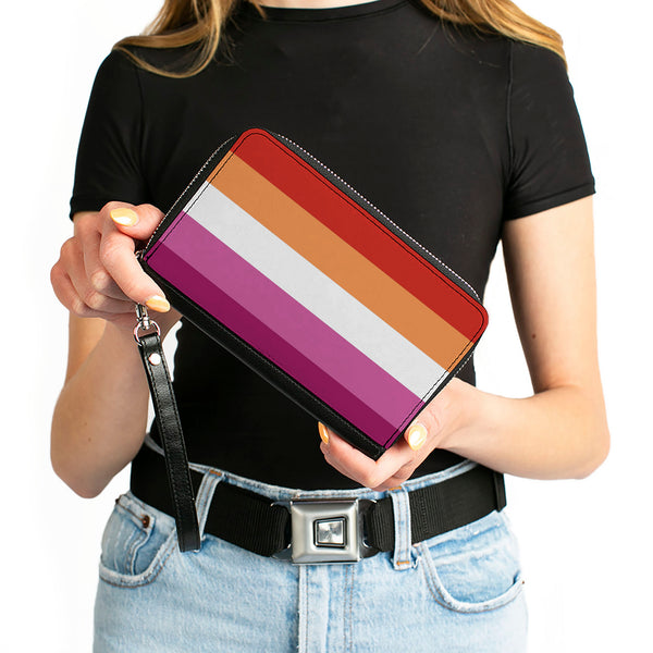 Buckle-Down Women's PU Zip Around Wallet Rectangle - Flag Lesbian Five Stripe Oranges White Pinks