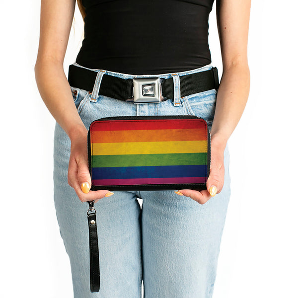 Buckle-Down Women's PU Zip Around Wallet Rectangle - Flag Pride Distressed Rainbow