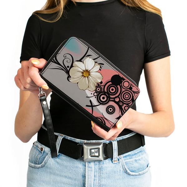 Buckle-Down Women's PU Zip Around Wallet Rectangle - Flowers W Filigree Pink