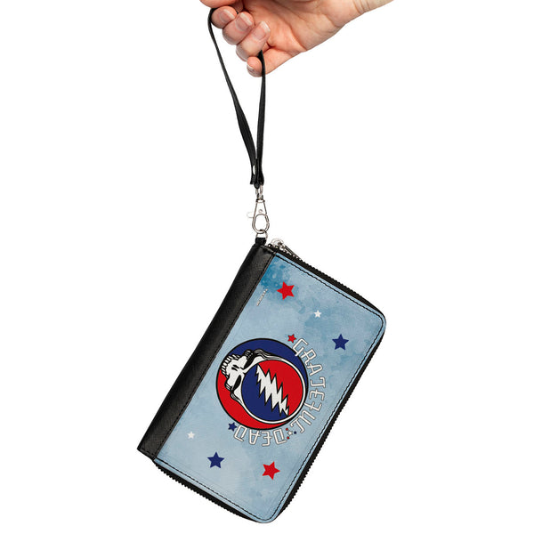 Buckle-Down Women's PU Zip Around Wallet Rectangle - GRATEFUL DEAD Steal Your Face Logo Stars Blues White Red