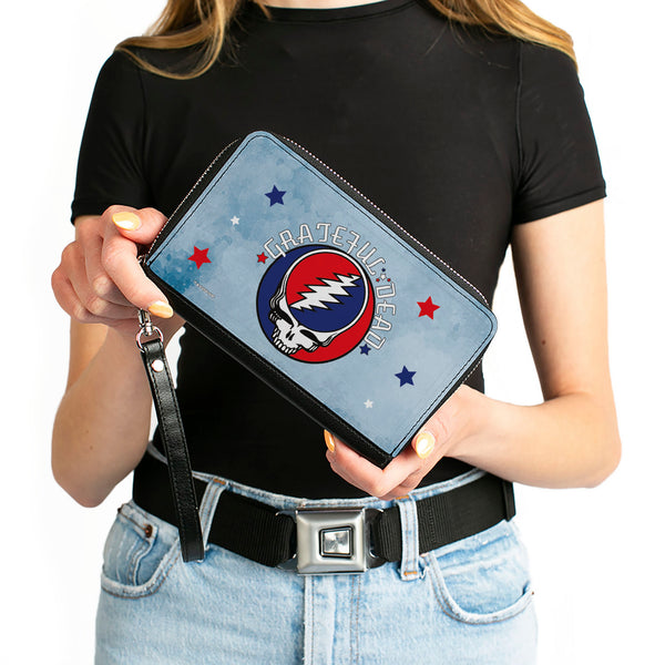 Buckle-Down Women's PU Zip Around Wallet Rectangle - GRATEFUL DEAD Steal Your Face Logo Stars Blues White Red