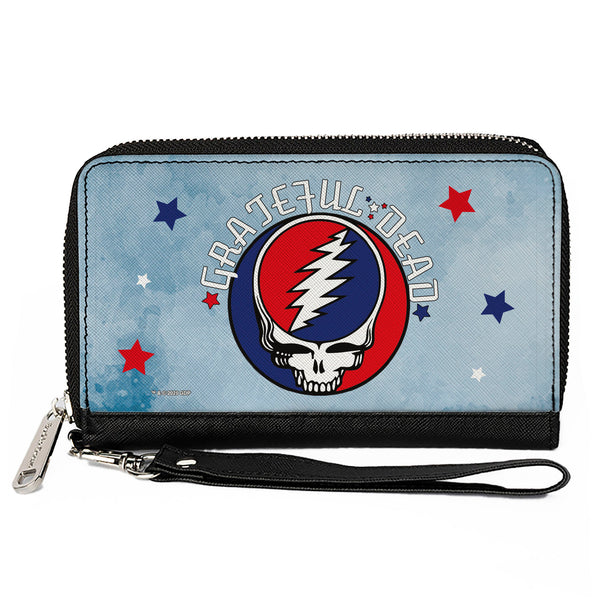 Buckle-Down Women's PU Zip Around Wallet Rectangle - GRATEFUL DEAD Steal Your Face Logo Stars Blues White Red
