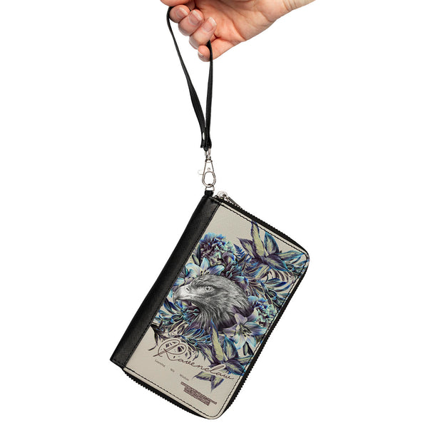 Buckle-Down Women's PU Zip Around Wallet Rectangle - Harry Potter RAVENCLAW Floral Eagle Sketch Grays Blues