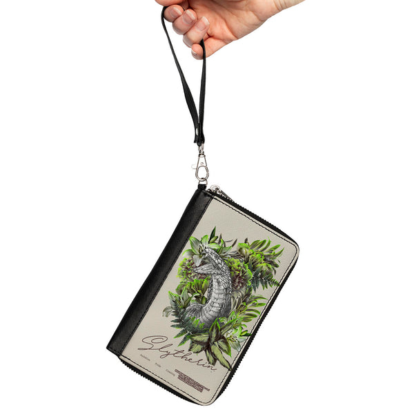 Buckle-Down Women's PU Zip Around Wallet Rectangle - Harry Potter SLYTHERIN Floral Serpent Sketch Grays Greens