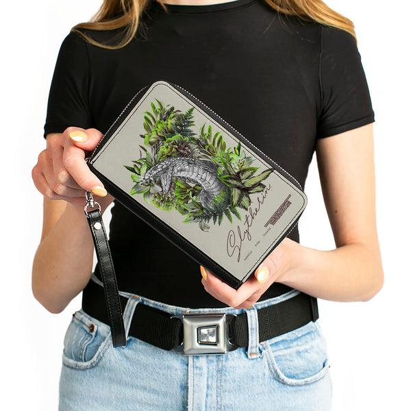 Buckle-Down Women's PU Zip Around Wallet Rectangle - Harry Potter SLYTHERIN Floral Serpent Sketch Grays Greens