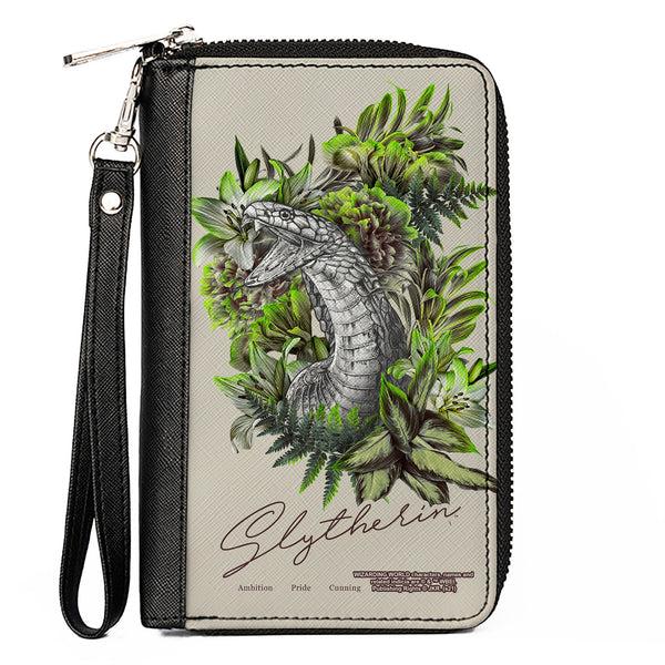 Buckle-Down Women's PU Zip Around Wallet Rectangle - Harry Potter SLYTHERIN Floral Serpent Sketch Grays Greens