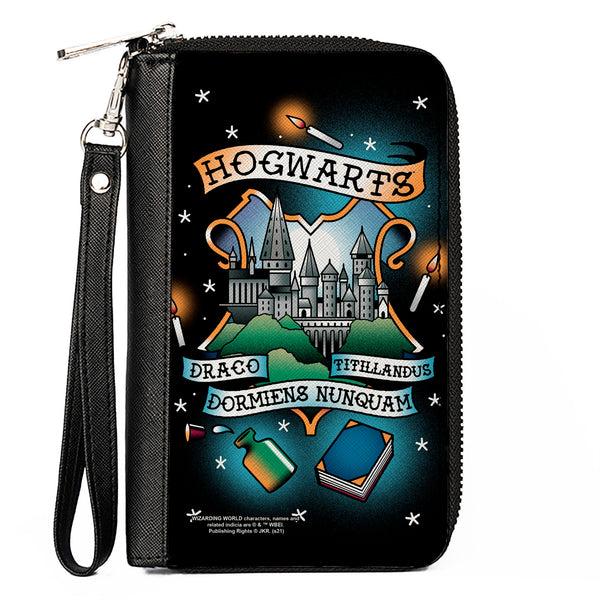 Buckle-Down Women's PU Zip Around Wallet Rectangle - Harry Potter HOGWARTS Motto Tattoo Black
