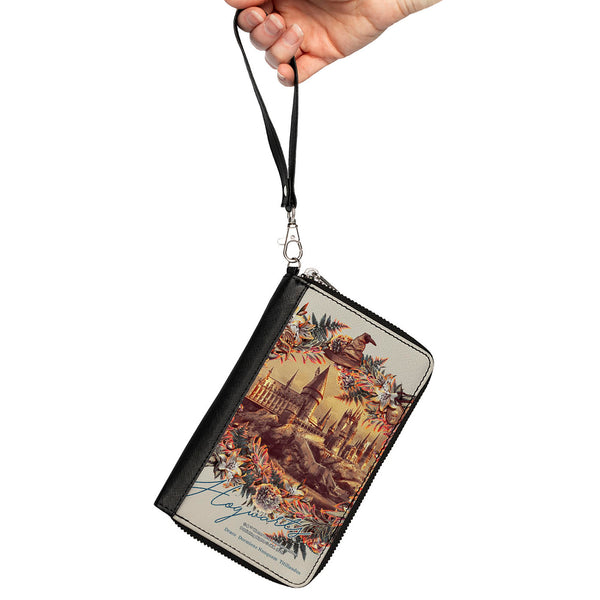 Buckle-Down Women's PU Zip Around Wallet Rectangle - Harry Potter Hogwarts Castle Floral Collage Gray