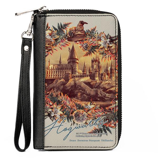 Buckle-Down Women's PU Zip Around Wallet Rectangle - Harry Potter Hogwarts Castle Floral Collage Gray