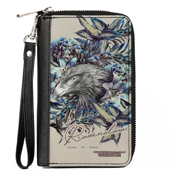 Buckle-Down Women's PU Zip Around Wallet Rectangle - Harry Potter RAVENCLAW Floral Eagle Sketch Grays Blues